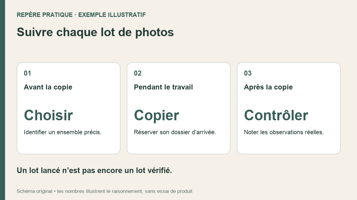 Trois cartes présentent la sélection d’un lot, sa copie et son contrôle documenté.